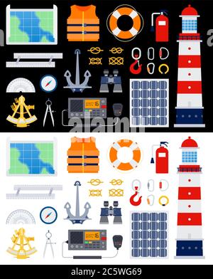 Sailing yacht rigging equipment. Lighthouse, anchor, binoculars, lifebuoy, life jacket, hook, knots, carbines, compass, map, protractor. vector flat Stock Vector