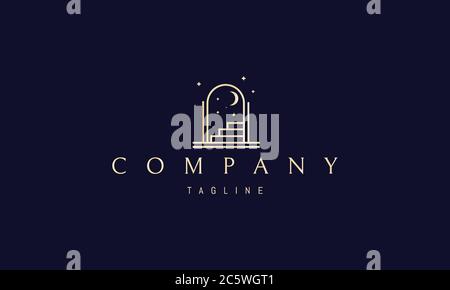Vector golden logo on which an abstract image of the passage with steps leading up to the moon and stars. Stock Vector