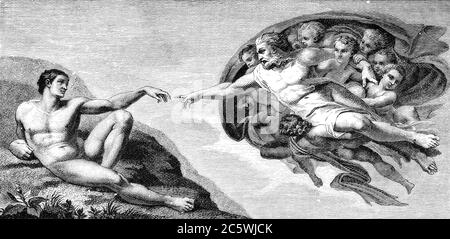 An engraved illustration drawing of Michelangelo's The Creation of Man from the ceiling of the Sistine Chapel at the Vatican, Rome, Italy, from a Vict Stock Photo