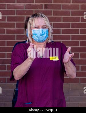 Harrogate, North Yorkshire, UK. 5th July, 2020. NHS staff gather outside Harrogate Hospital to celebrate the NHS's 72nd birthday and to say tank you to all the key workers who have helped the public through the pandemic. Credit: ernesto rogata/Alamy Live News Stock Photo