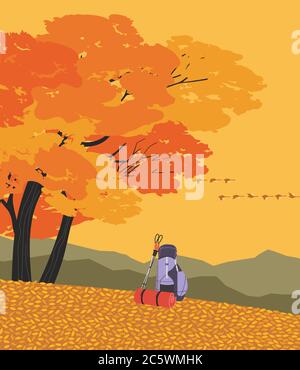 Autumn mountains hiking flat color vector poster Stock Vector