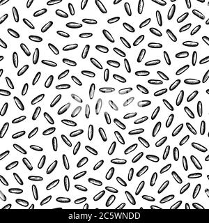 Rice seeds vector seamless pattern. Trendy fashion textile print in black white colors. Abstract food texture background. Wheat grain sketch backdrop. Stock Vector