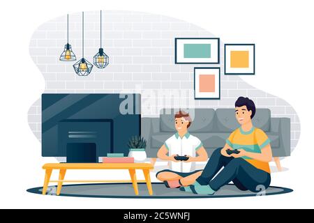 Happy father and son play in video game. Dad and little boy with gamepads sit on floor in living room in front of TV. Vector characters illustration. Stock Vector