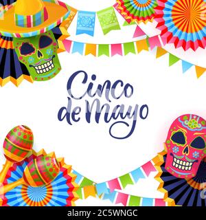 Cinco de Mayo fiesta, square banner or poster design template. Vector flat cartoon illustration. Greeting gift card with calligraphy lettering and Mex Stock Vector