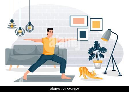 Guy stands in a warrior pose virabhadrasana. Home yoga exercise practice. Man and red cute cat training in modern loft room. Vector characters illustr Stock Vector