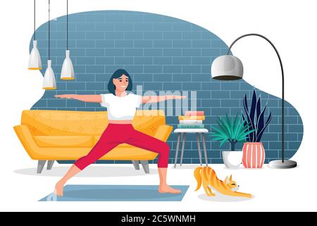 Girl stands in a warrior pose virabhadrasana. Home yoga exercise practice. Woman and red cute cat training in modern room. Vector characters illustrat Stock Vector