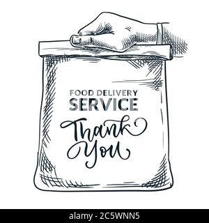 Human hand holding lunch paper bag. Food delivery service concept. Banner, poster design template with Thank you calligraphy lettering. Vector hand dr Stock Vector