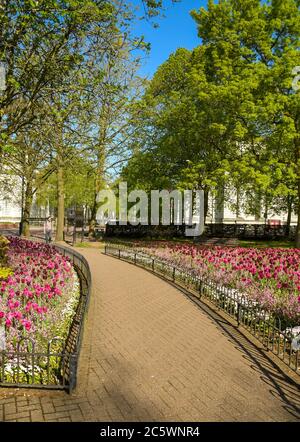 Cardiff, Wales - May 2018: Footpath through a park in Cardiff civic centre in springtime with blooming flowers and trees either side Stock Photo