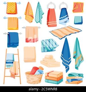 Bathroom and kitchen cotton towels collection. Vector flat cartoon illustration of bath and spa toiletries. Textile hygiene items, isolated on white b Stock Vector