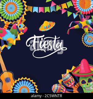 Fiesta Cinco de Mayo square black background. Poster or greeting gift card with calligraphy lettering and Mexican national symbols. Holiday banner des Stock Vector