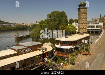 PRAGUE, CZECH REPUBLIC - AUGUST 2018: Restaurant and floating hotel “Botel Matylda” on the River Vltava in the centre of Prague. Stock Photo