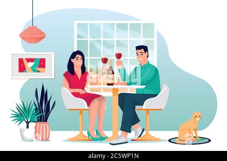 Young couple stay home and drinking red wine at the table. Man and woman have romantic lunch or dinner. Vector flat cartoon family characters illustra Stock Vector