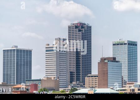 Little Rock, USA - June 4, 2019: Capital city in Arkansas cityscape with signs for company businesses banks tower skyscrapers Stock Photo