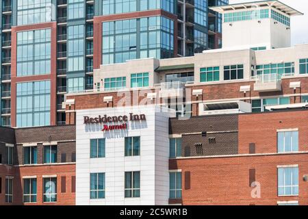 Little Rock, USA - June 4, 2019: Capital city in Arkansas with sign exterior for Residence Inn by Marriott hotel company business modern architecture Stock Photo