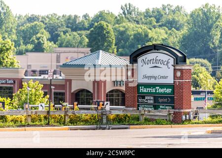 Warrenton, USA - June 9, 2020: Sign for Northrock Shopping Center Strip Mall with Harris Teeter Kroger grocery store business in Virginia Stock Photo