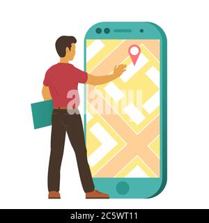 A young man uses a location search on a large smartphone. Stock Vector