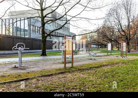 Warsaw, Poland - December 20, 2019: Warszawa Lazienki or Royal Baths Park with outdoor gym in winter and nobody Stock Photo