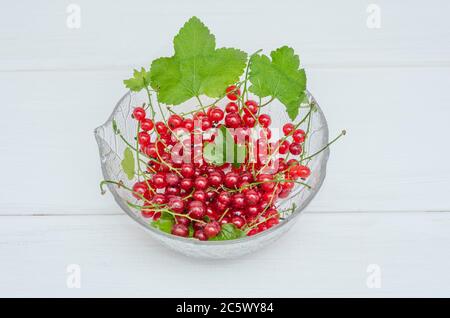 Fresh redcurrant berries in a glass bowl on a white wooden background Stock Photo