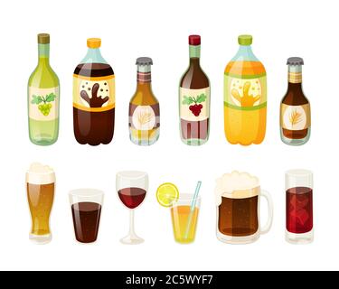 Drinks bottles, glasses and beer jar. Bottled beverages. Cola, soda, sparkling beverages, beer and wine. Cartoon vector illustration isolated on white Stock Vector