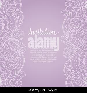 Hand drawn card design template with lace pattern design border and purple background. Square format. Boho style, perfect for greeting cards, wedding Stock Vector
