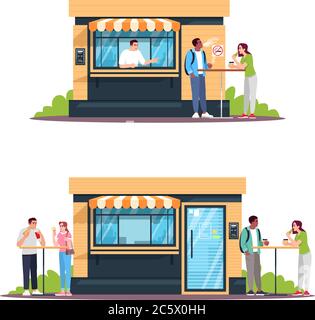 Street food shop with customers semi flat RGB color vector illustrations set Stock Vector