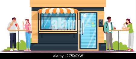 Couples having lunch at snackbar semi flat RGB color vector illustration Stock Vector