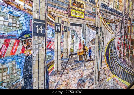 New York City,NYC NY Lower,Manhattan,MTA,subway,train,Spring Street C E Station,SoHo,mosaic,1994,artist Edith Kramer,art,close up detail,14th Street,N Stock Photo