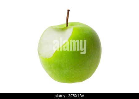 green, bitten apple, isolated on white background Stock Photo