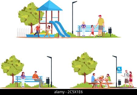 People in recreation area semi flat RGB color vector illustrations set Stock Vector