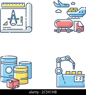 Industrial production RGB color icons set Stock Vector
