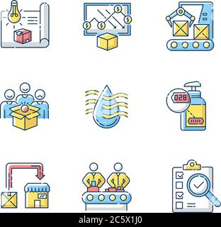 Manufacturing facility linear icons set. Automation, Assembly ...