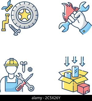 Industrial work RGB color icons set Stock Vector