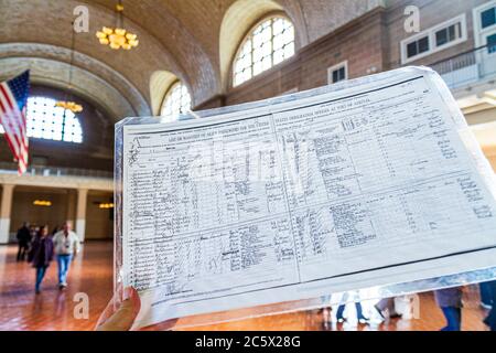 New York City,NYC NY Statue of Liberty National Monument,Ellis Island Immigration Museum,historic site,Great Hall,processing desk,passenger manifest d Stock Photo