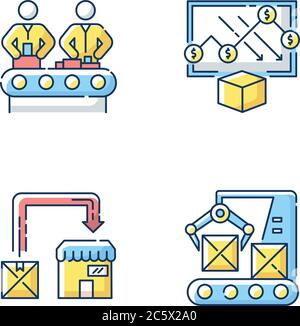 Manufacturing business RGB color icons set Stock Vector