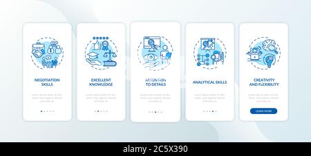 Attorney skills onboarding mobile app page screen with concepts Stock Vector