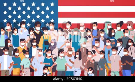 mix race people in masks celebrating american independence day holiday 4th of july concept crowd standing over usa flag horizontal portrait vector illustration Stock Vector