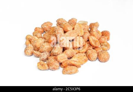 Pile of peanuts with chilli isolated on white background. Marinated and salted nuts chili snack food Stock Photo