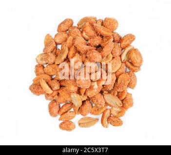 Pile of peanuts with chilli isolated on white background. Marinated and salted nuts chili snack food Stock Photo