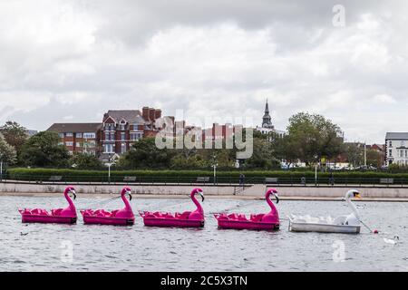 Bird pedalos lined up in Southport marina (England) during the Covid19 lock down in the summer of 2020. Stock Photo