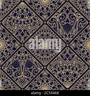 Seamless lace patchwork in gold on black background. Vintage abstract pattern in turkish style. Islamic, Arabic, Indian, Ottoman motifs. Stock Vector