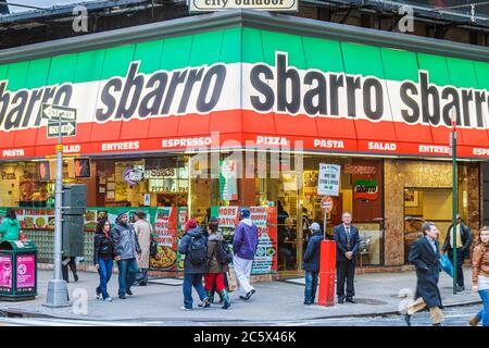 New York City,NYC NY Manhattan,Midtown,Times Square,street corner,Sbarro,pizzeria,restaurant restaurants food dining cafe cafes,signs,sign,NY110405073 Stock Photo