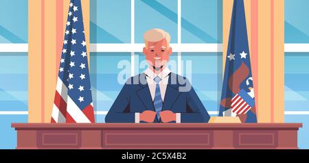 4th of july celebration united states president speaking to people american independence day concept oval office white house interior horizontal portrait vector illustration Stock Vector