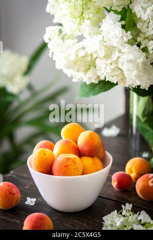 Vase of flowers viburnum opulus Roseum and ripe juicy apricots Stock Photo