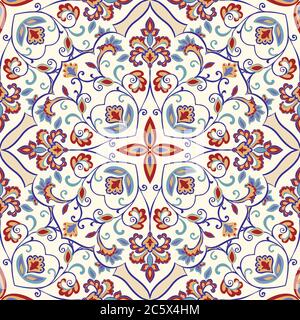 Seamless colorful pattern with Turkish motif. Hand drawn seamless abstract pattern from floral mandala. Majolica pottery tile, blue, yellow azulejo. Stock Vector