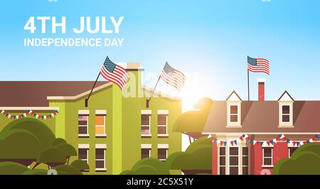 decorated buildings with USA flags 4th july american independence day celebration concept horizontal vector illustration Stock Vector