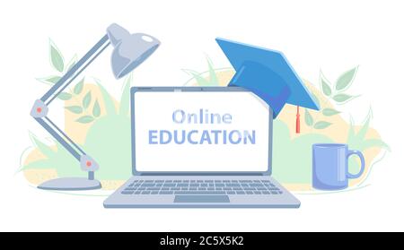 Distance education concept. E-learning banner with copy space. Online study flat vector illustration. Home school. Modern communication technology. University class Learning on white background. Stock Vector