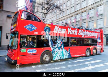New York,New York City,NYC,Manhattan,Midtown,5th Fifth Avenue,sightseeing bus,coach,double decker,Gray Line,guided tour,street scene,driver,visitors t Stock Photo
