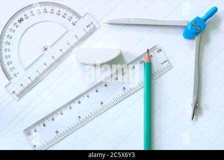 Top view of school and office supplies Stock Photo