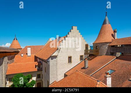 Switzerland, Vaud Canton, Grandson, Castle 13C, courtyard view from ramparts Stock Photo