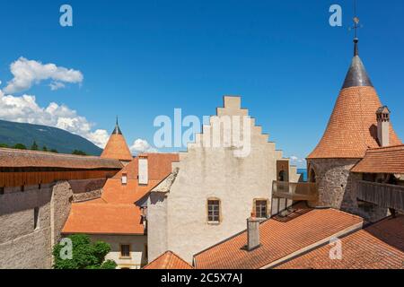 Switzerland, Vaud Canton, Grandson, Castle 13C, courtyard view from ramparts Stock Photo